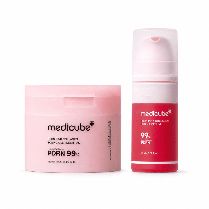 Medicube, PDRN Pink Collagen Bubble Serum + Toning Gel Toner Pad, Бабл-сироватка з PDRN та колагеном для Glass Skin + тонер-педи з PDRN та колагеном для сяяння